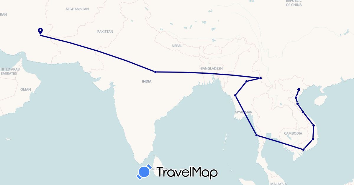 TravelMap itinerary: driving in India, Iran, Myanmar (Burma), Vietnam (Asia)